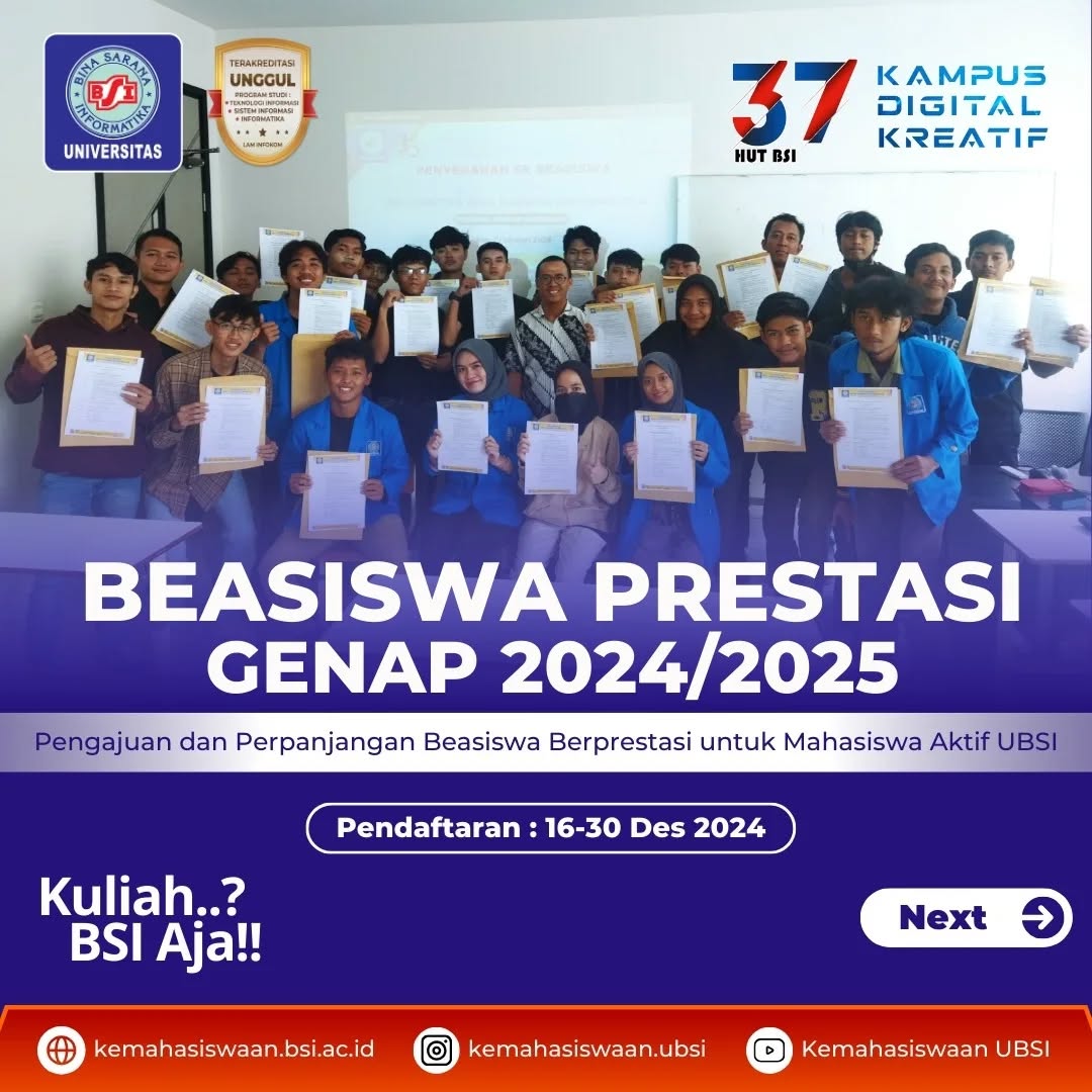 Info Beasiswa Prestasi Mahasiswa Aktif Semester Genap 2024/2025 Universitas BSI