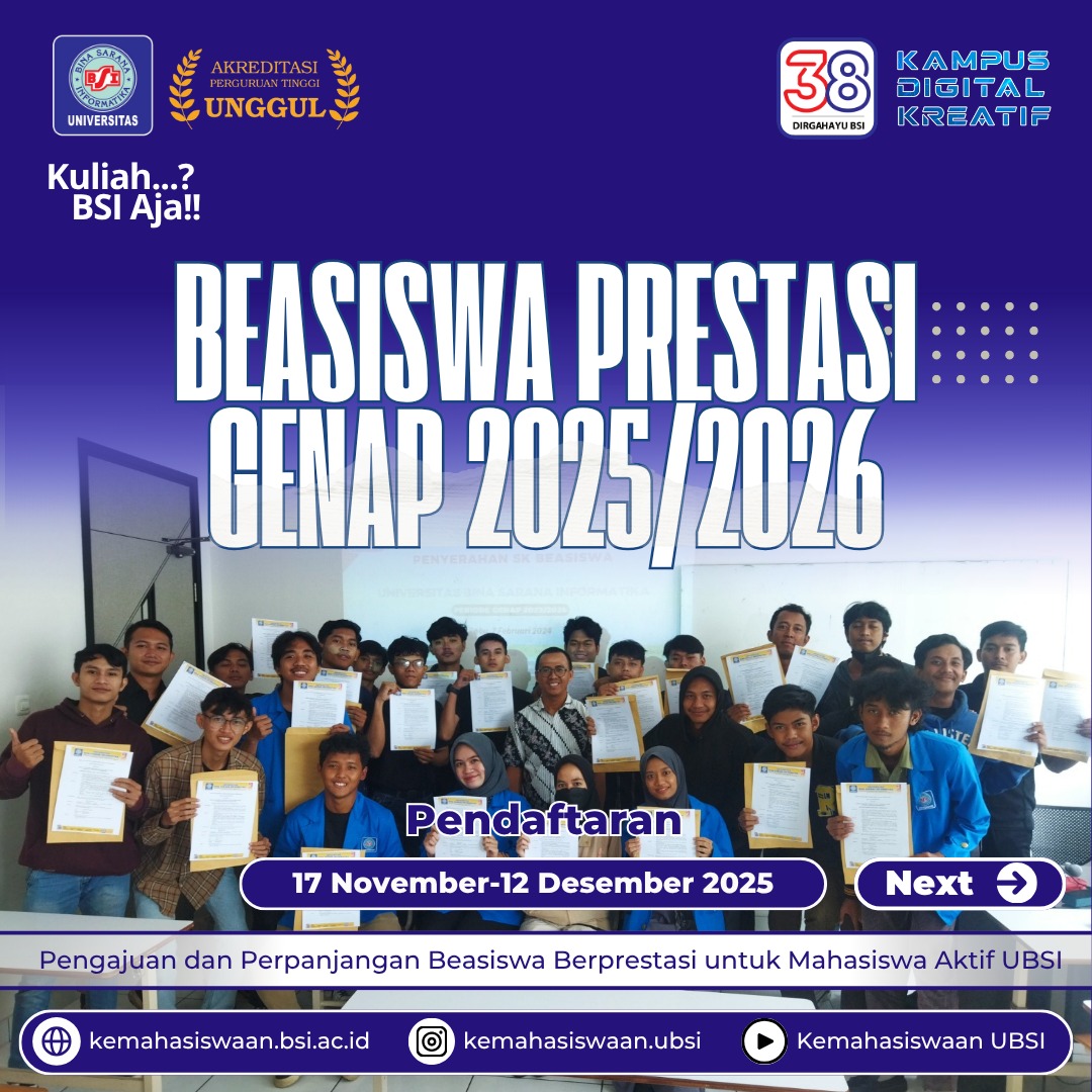 Info Beasiswa Prestasi Mahasiswa Aktif Semester Genap Tahun Akademik 2025/2026 Universitas BSI