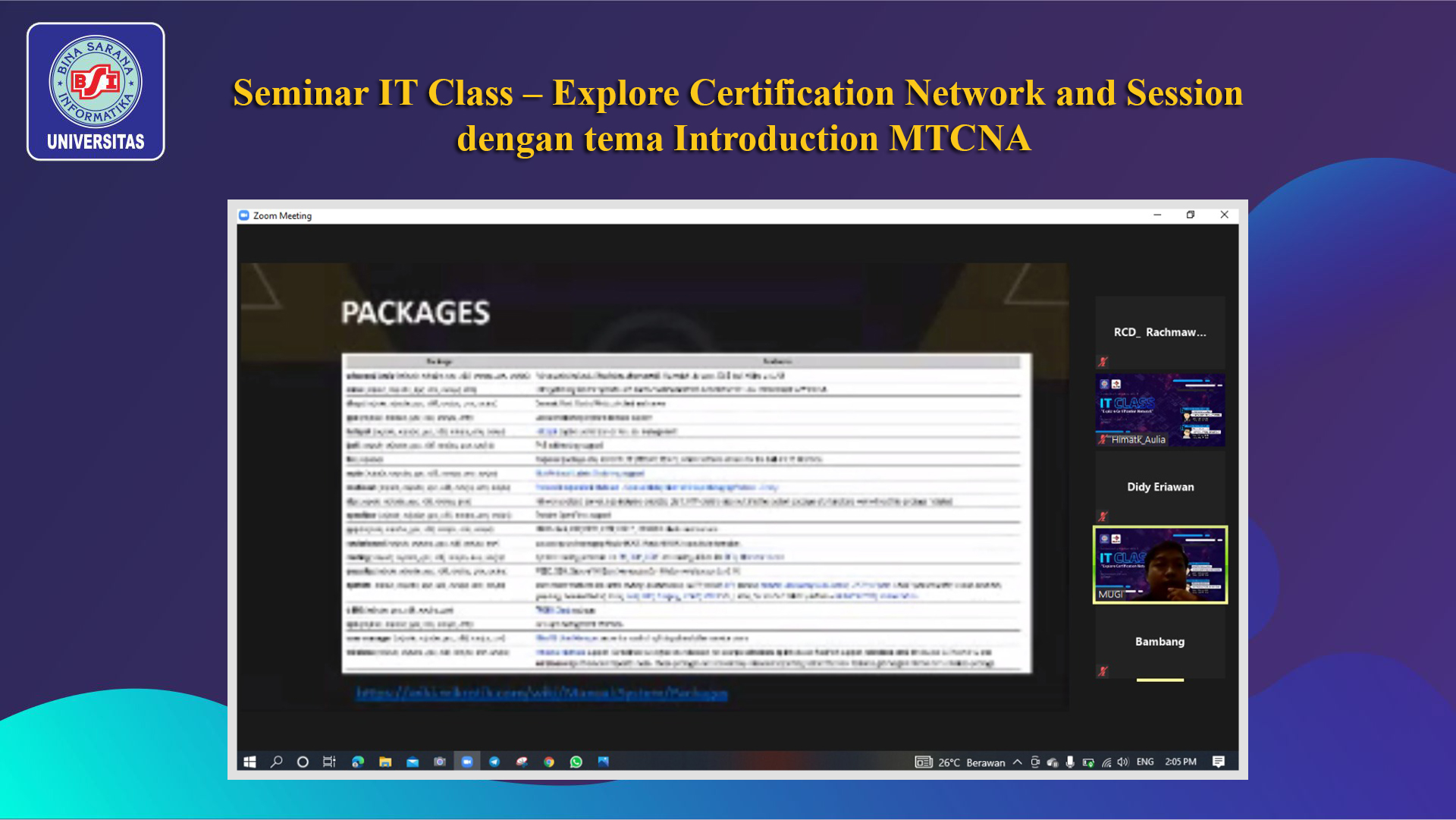 HIMATK selenggarakan WEBINAR dengan tema IT Class – Explore Certification Network 2nd Session dengan materi Introduction MTCNA
